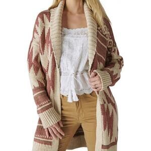 Lucky Brand Cream and Pink Lucky Heritage Open Cardigan Sweater - Size - Large